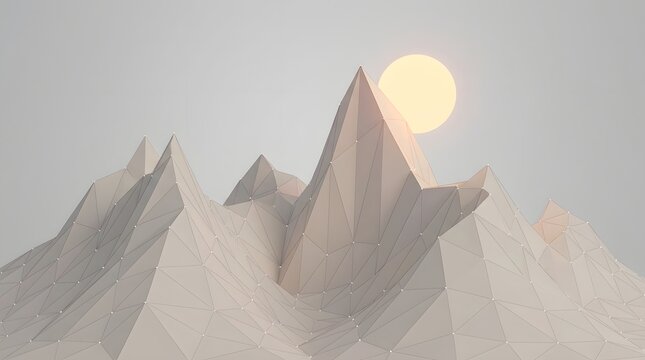 Minimalist low poly mountain landscape, geometric 3D peaks with glowing sun, abstract paper craft mountain range