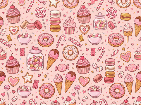 Seamless pattern with hand drawn cute pink sweets cupcakes donuts ice cream and candies on light background