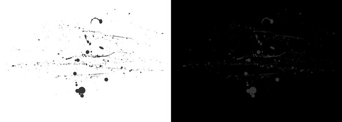 Grunge ink splatters and scratches texture, black and white distressed overlay elements, vintage paint drips for graphic design © Md