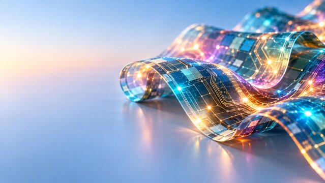 Flexible electronic layers bending with fragmented glowing circuits