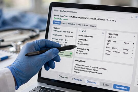 Hand Pointing at Electronic Health Record Dashboard, A healthcare professional's hand with a stylus pointing at a laptop screen displaying an electronic health record (EHR) dashboard