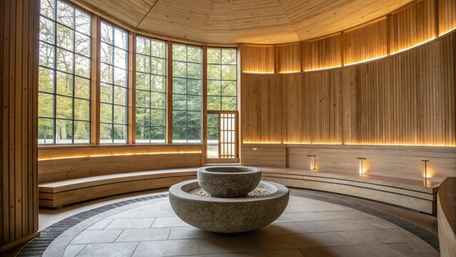 Modern wooden spa interior with stone fountain