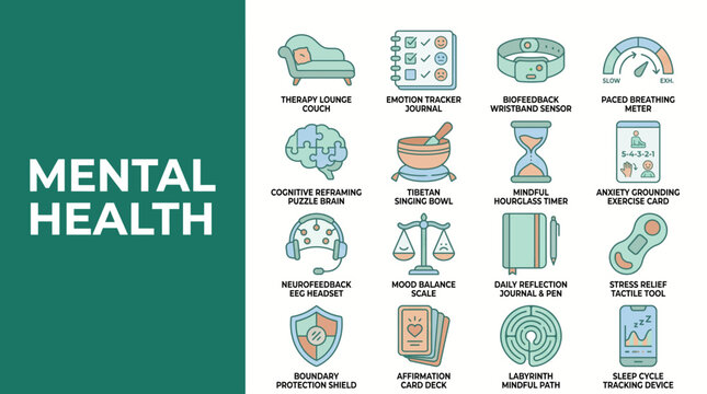 Set of mental health and wellness icons for therapy and mindfulness practices.