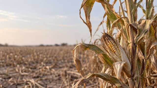 A single dried corn cob standing in a parched field during a severe summer drought with withered stalk desolate period extreme drought foliage visible