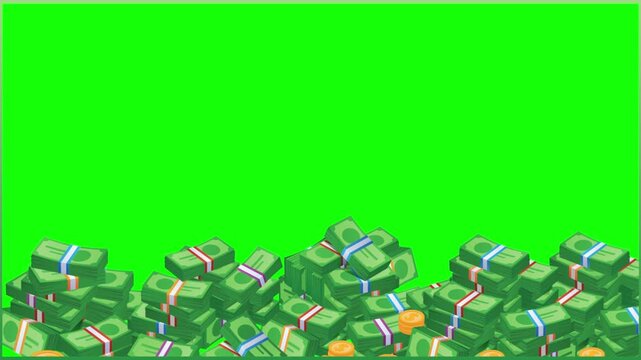 Cartoon stacks of cash and money bundles on green screen background