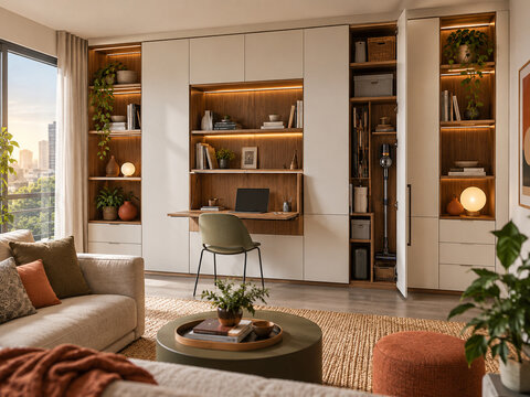 Modern modular wall storage system for organized small space living