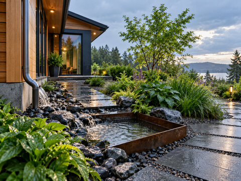 Modern residential rain garden for sustainable stormwater management