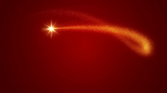 Glowing particle trail curves across a deep red atmospheric field and ends in a sparkling starburst. Motion graphics accent, title sequence decoration, and fantasy enhancement.