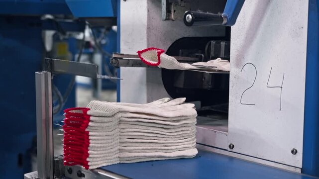 A newly knitted white work glove smoothly emerges from the machine chute and drops onto an orderly stack on the receiving platform.