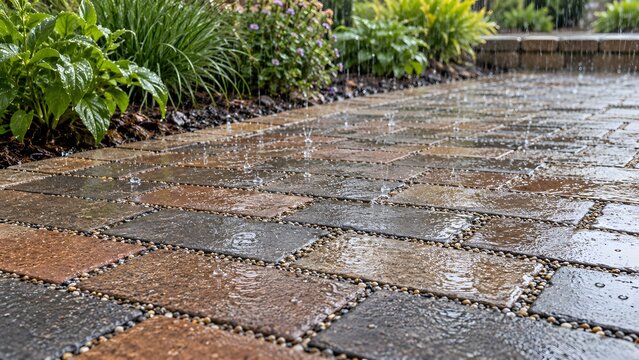 Rain falling on a permeable interlocking stone paver walkway in a lush garden setting with pathway surrounded vibrant foliage landscaping stones raindrops fall