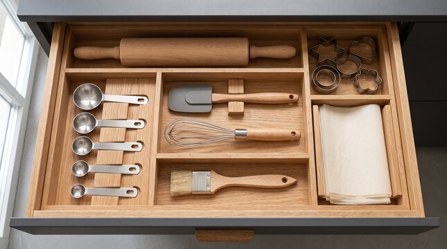 Top down view of an open wooden kitchen drawer organized with various measuring spoons whisks and baking tools drawer organizer kitchen storage tool tray