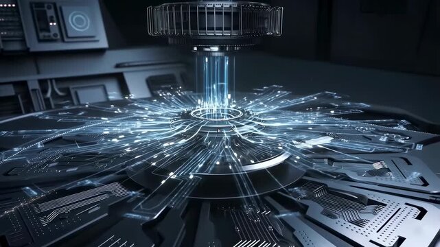 Illuminated digital circuit network sends data pulses across a futuristic computing laboratory. Technology presentations, artificial intelligence advertising, and software marketing.