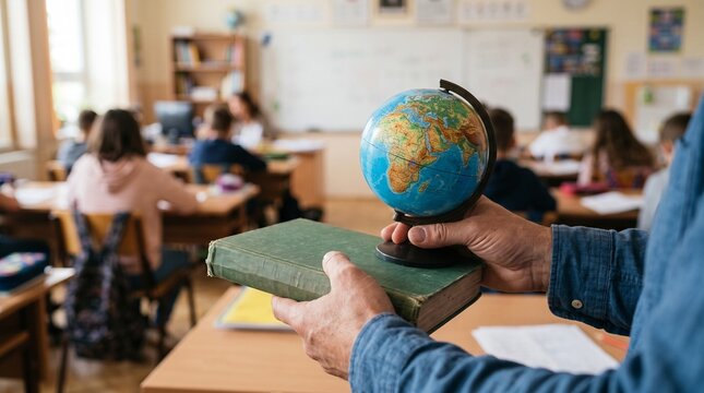 Teacher holding a terrestrial globe and a vintage textbook in a brightly lit classroom. Students studying at wooden desks in the background during a geography lesson. Educational stock photo