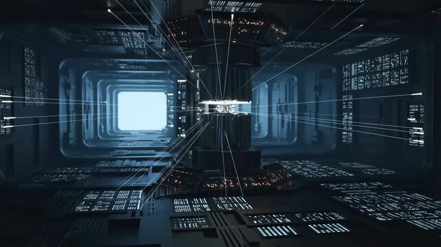 Futuristic data center processes flowing information inside a glowing computer chamber. Technology presentations, cloud computing advertising, and cybersecurity campaigns.
