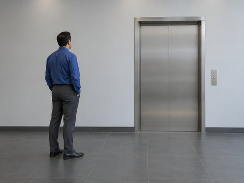 Office worker waiting beside a closed elevator