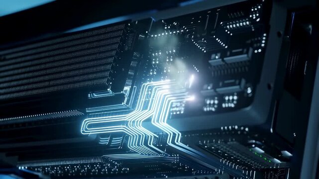 Glowing electrical pathways illuminate a futuristic circuit board with dense computer components. Technology presentations, computer hardware advertising.
