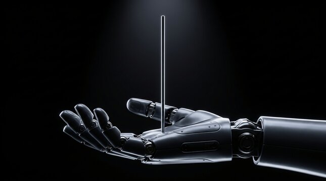 Macro vertical shot of dark humanoid robotic palm balancing slender metallic rod in inverted pendulum stance on black background with rim lighting representing system balance and pid control concept