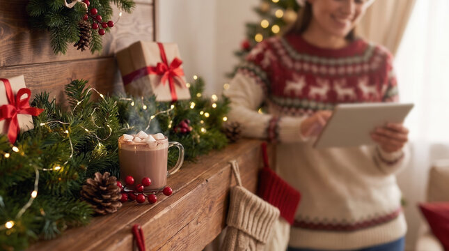 Woman in holiday sweater holding a tablet next to a decorated Christmas mantel.