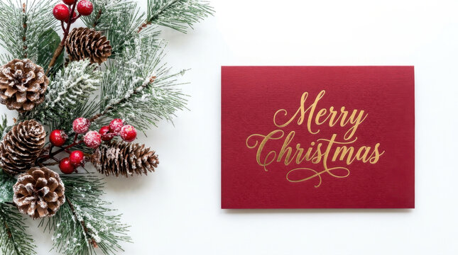 Merry Christmas Red Card with Winter Pine Branch