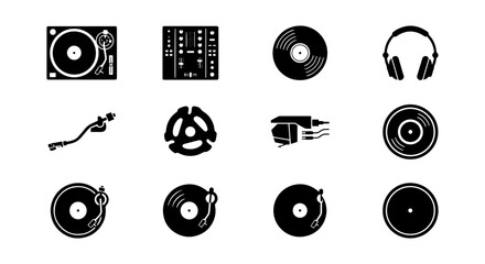 DJ Turntable and Vinyl Record Icon Set, Music Equipment Vector Graphics for Audio and Entertainment © hridoy31k