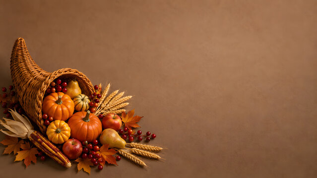 Autumn cornucopia with pumpkins and fall harvest fruit. Thanksgiving horn of plenty on brown background with copy space.