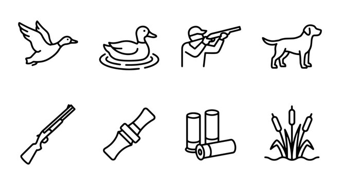 Hunting Icons Set: Duck, Dog, Shotgun, Ammunition, Call, Reeds, Hunter, Flying Bird