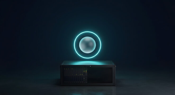 Data Protection Concept with Matte Black Server and Futuristic Neon Glass Sphere
