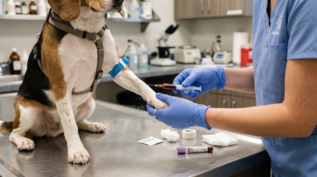 Veterinary blood draw concept photo. Professional veterinarian in blue scrubs and gloves drawing blood from a beagle dog leg vein in a modern clinic examination room with medical equipment background