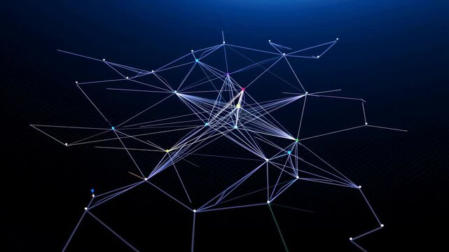 Glowing nodes and shifting lines form an abstract digital network on a dark blue field. Technology presentations, data communication explainers, and cybersecurity media.