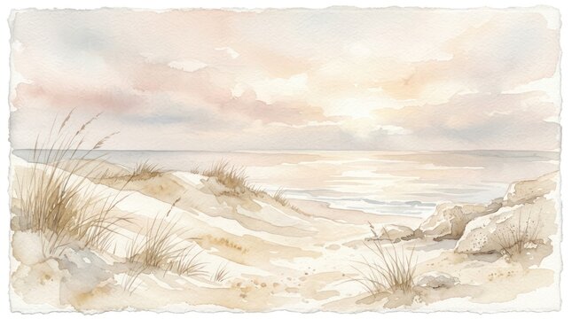 Watercolor coastal landscape with sand dunes, sea waves and soft sky