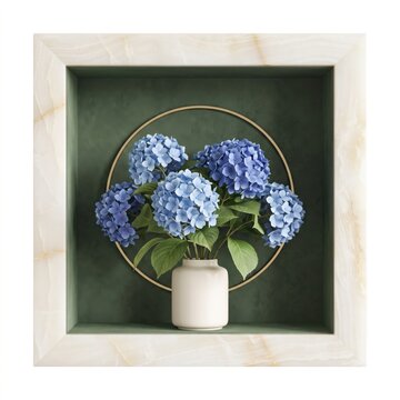 Purple hydrangea flowers in a small vase inside a square frame on a white background isolated on white background
