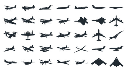 Fototapeta premium Commercial aircraft vector collection with passenger jets cargo planes turboprops private jets seaplanes and aviation vehicles