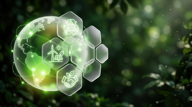 Glowing glass globe in nature with digital hexagons showing sustainable energy and eco-partnership icons.