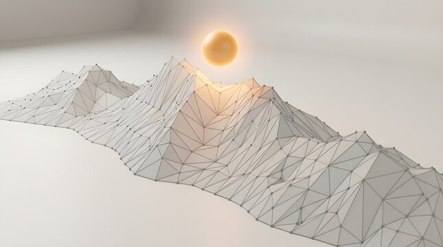 Minimalist low poly mountain landscape with glowing sun. Abstract 3D wireframe terrain. Geometric digital topography for tech background.