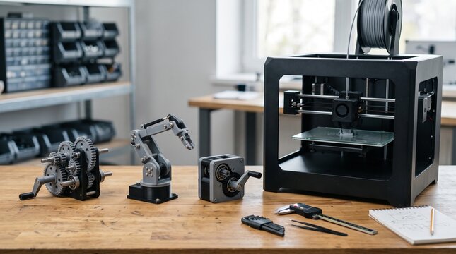 3D printer with robotic arm and mechanical components on a workbench during a workshop setting
