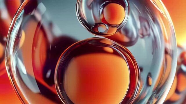 Hypnotic animation of spherical glass shapes shimmering with gradients of warm orange tones. Glints and reflections create a sense of depth