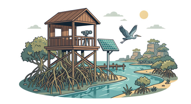 Mangrove Conservation Observation Tower with Solar Panel