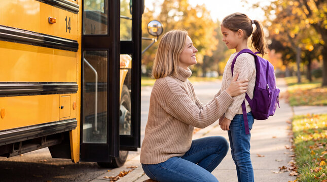 Mother kneeling beside daughter with purple backpack near yellow school bus on autumn day, trees with orange leaves in the background