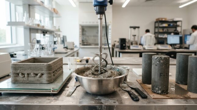 Fiber reinforced cement slurry, 3D printed mortar layers, mixing paddles, and cured test cylinders in a materials laboratory