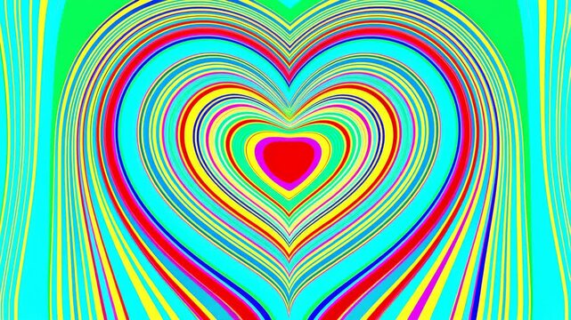 Pulsing concentric heart outlines cycle through vivid rainbow colors in an abstract graphic field. Romantic greeting design, valentine media, and wedding and anniversary graphics.