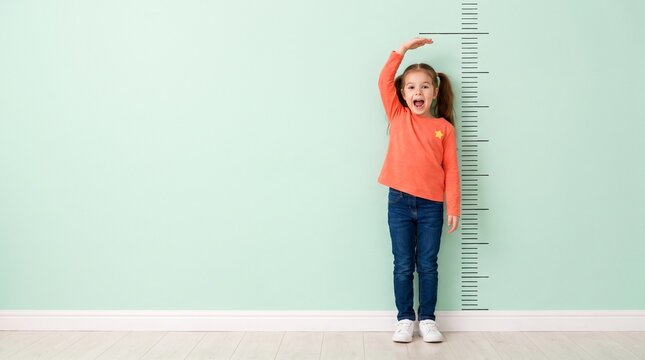 Excited little girl measuring her height against a growth chart on a mint green wall