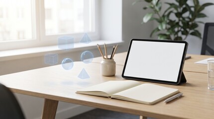 Fototapeta premium Blank tablet screen and notebook on office desk with floating 3D geometric shapes