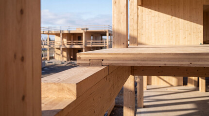 Obraz premium Close-up of cross-laminated timber construction showing wooden beams, floor panels and structural joinery