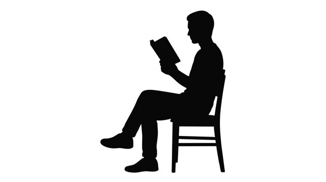 Silhouette of a person sitting in a chair reading a book against white