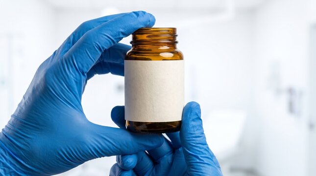 Medical research and pharmaceutical testing concept photo. Doctor wearing blue surgical gloves holding an amber glass medicine bottle with a blank white label. Clean bright hospital laboratory backgro