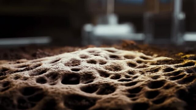 Rising bread dough ferments on a work surface in a dim bakery. Bakery advertising, bread-making education, and baking tutorial.