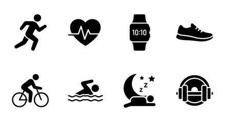 Obraz premium Fitness Icons Set: Running, Cycling, Swimming, Heart Rate, Sleep, Smartwatch, Headphones