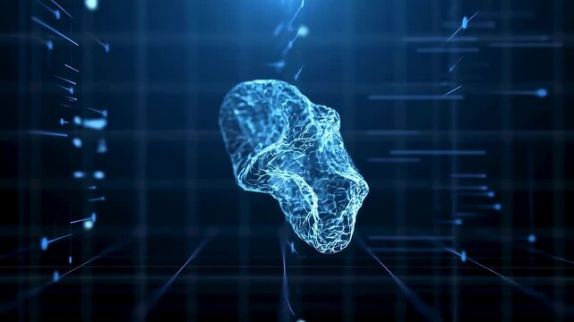 Glowing biological cell rotates within a dark blue digital grid. Medical research presentations, biotechnology education, and healthcare technology advertising.