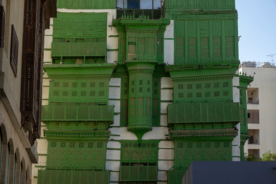 Wooden mashrabiya balconies on a historic Jeddah house, Mecca province, Jeddah, Saudi Arabia