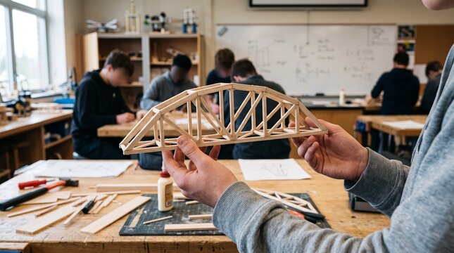 Student holding a balsa wood bridge model in an engineering classroom. Woodworking tools on workbench. High school workshop setting. Stem education and architecture project concept photography